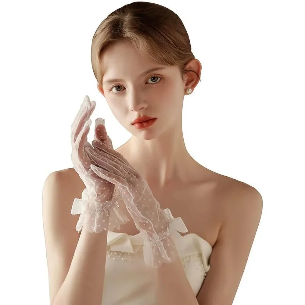Women's Lvory-2 Short Pearls Lace Border Mesh Gloves Wedding Formal Party Prom